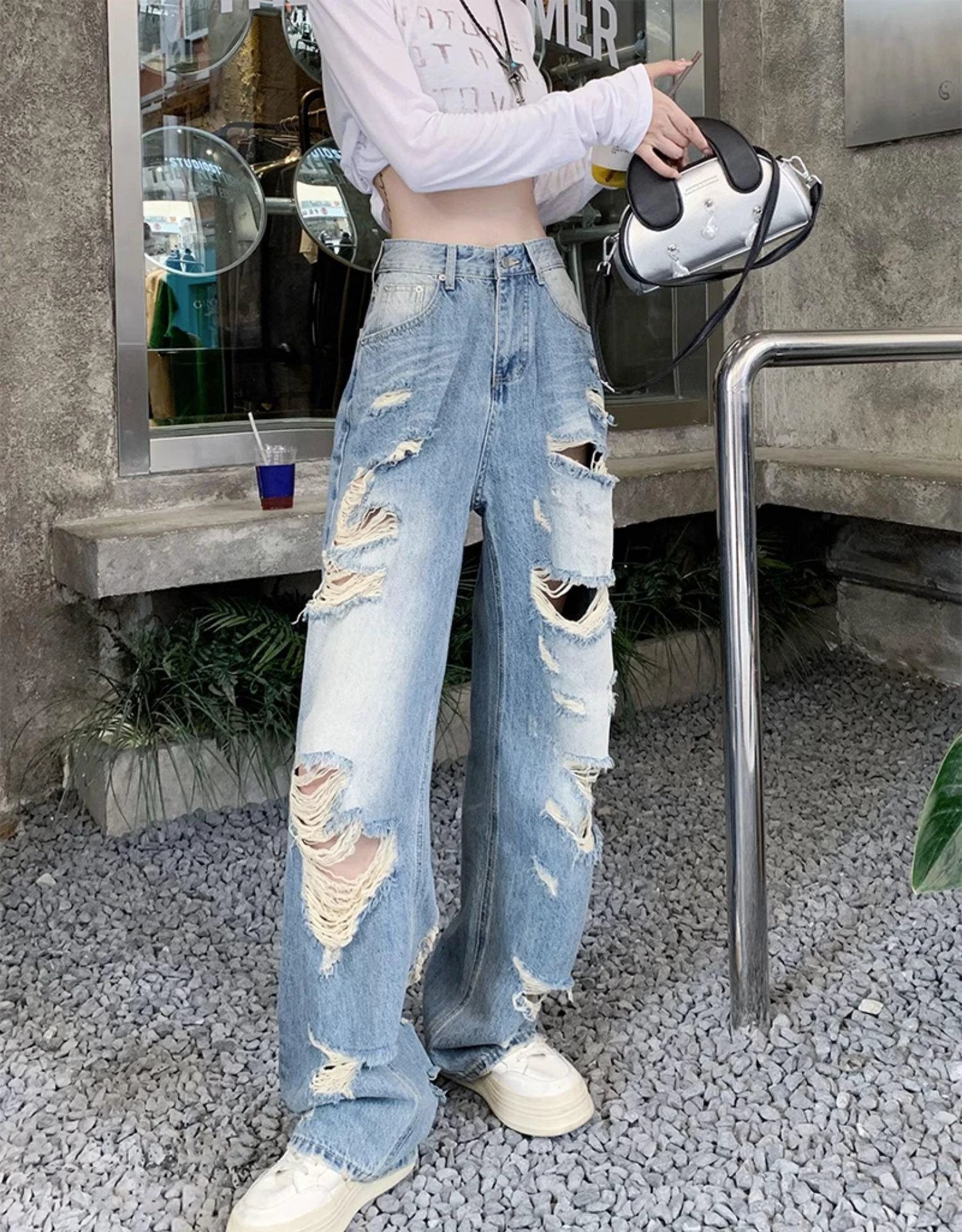 Plus Size American Hole Plus Size Ladies High Waist Straight-leg Denim - MANDOTOS