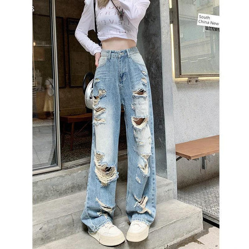 Plus Size American Hole Plus Size Ladies High Waist Straight-leg Denim - MANDOTOS