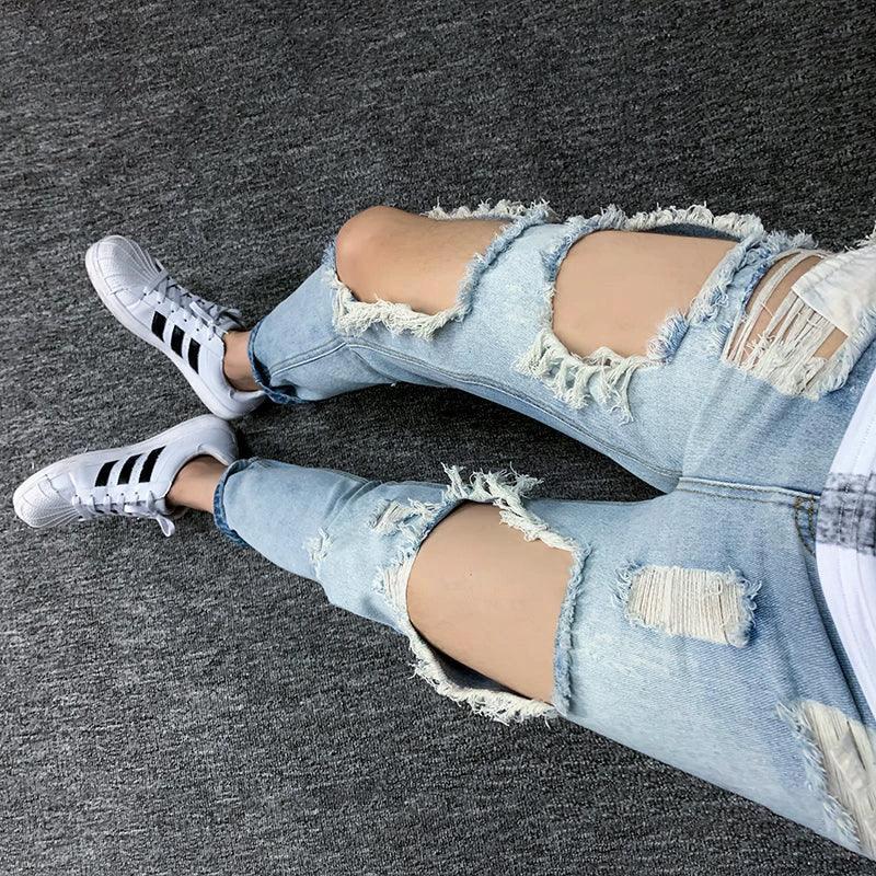 Summer Big Ripped Oversized Jeans Men's Cropped Jeans Men's Trendy K-style Beggar Scrape Cropped Ripped Pants - MANDOTOS