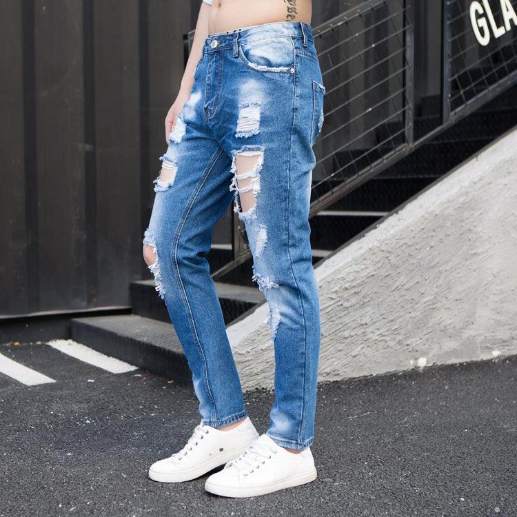 Mandotos women's summer oversized ripped cropped jeans with trendy K-style beggar scrape design and distressed details.