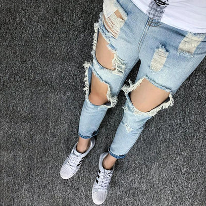 Summer Big Ripped Oversized Jeans Men's Cropped Jeans Men's Trendy K-style Beggar Scrape Cropped Ripped Pants - MANDOTOS