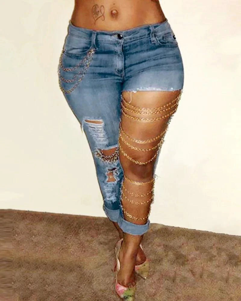 Women Jeans Pencil Pants Denim Sexy Big Holes Chain Washing Slim Pockets Streetwear Spring 2024 Slight Strech Solid Color - MANDOTOS
