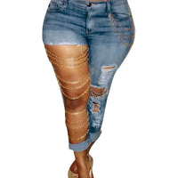 Mandotos women's denim pencil jeans with big holes, chain detail, slim fit, solid color, streetwear style, spring 2024.