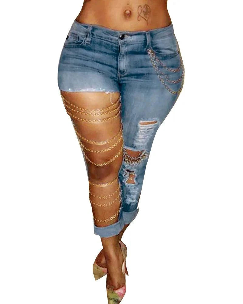 Women Jeans Pencil Pants Denim Sexy Big Holes Chain Washing Slim Pockets Streetwear Spring 2024 Slight Strech Solid Color - MANDOTOS