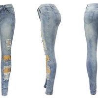 Mandotos women's denim pencil jeans with big holes, chain detail, slim fit, solid color, streetwear style for spring 2024.