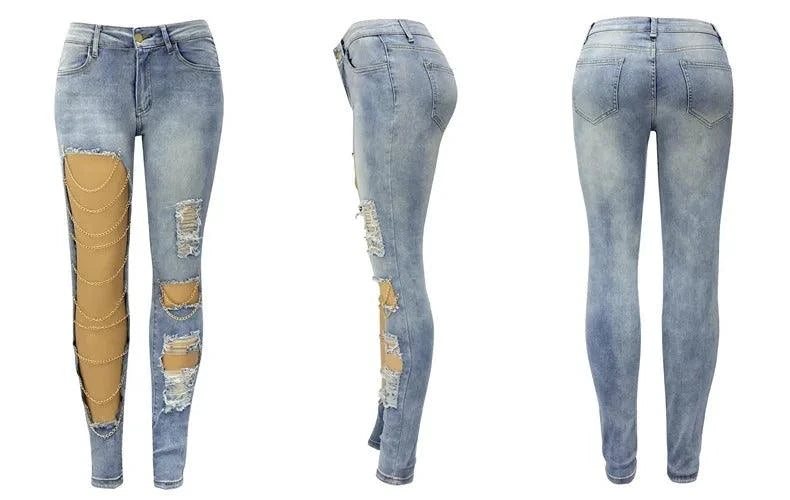 Women Jeans Pencil Pants Denim Sexy Big Holes Chain Washing Slim Pockets Streetwear Spring 2024 Slight Strech Solid Color - MANDOTOS