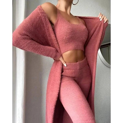 Women's 3-Piece Cozy Lounge Set - Pajama Set with Cardigan - MANDOTOS