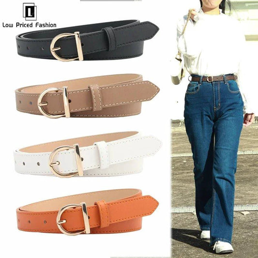 Mandotos women's fashion thin belt with pin buckle, genuine soft PU leather, suitable for cargo pants and jeans.