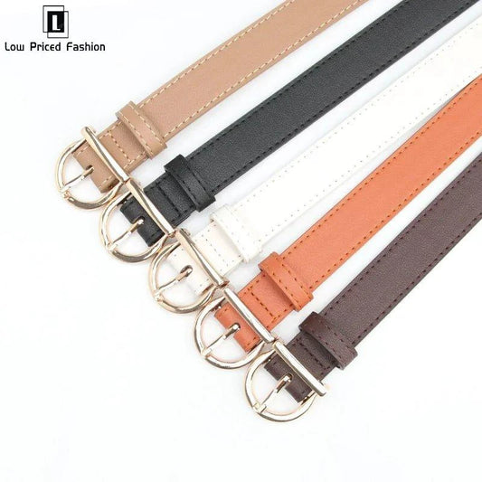 Mandotos women's thin fashion belt with pin buckle in soft PU leather, styled with cargo pants and jeans.