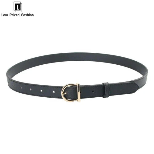 Women's fashion pin buckle thin belt by MANDOTOS in soft leather, styled with cargo pants and jeans for a sleek, windproof look.
