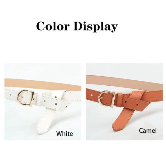 Mandotos women's thin fashion belt with pin buckle, genuine leather, soft feel, styled with cargo pants and jeans.