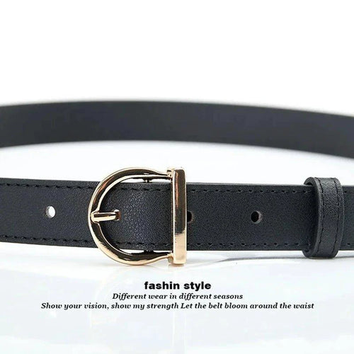 Mandotos women's thin fashion pin buckle belt in PU leather, styled with cargo pants and jeans, soft, windproof, luxury design.