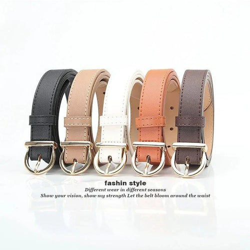 Mandotos women's thin fashion belt with pin buckle, genuine soft PU leather, perfect with cargo pants or jeans.