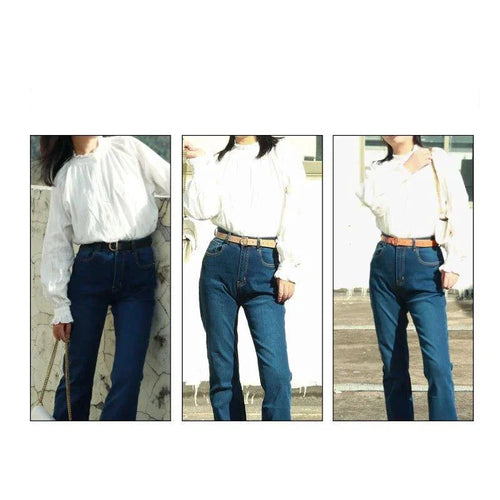 Mandotos women's thin fashion belt with pin buckle, soft PU leather design, paired with cargo pants and jeans for a stylish look.