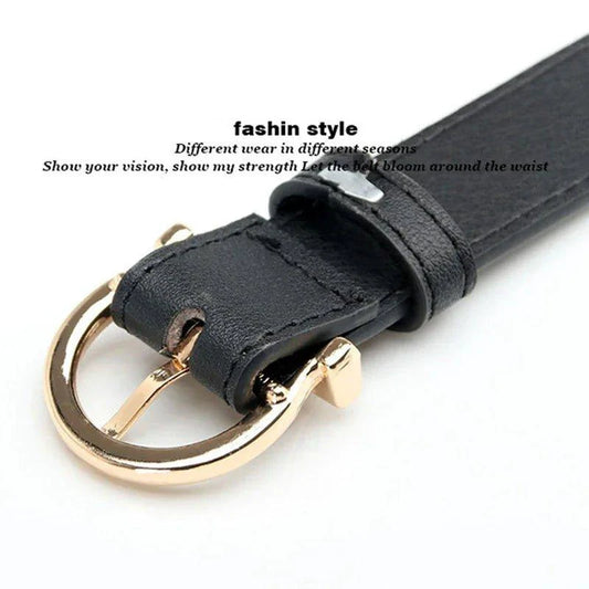 Mandotos women's fashion thin PU leather belt with pin buckle, styled with cargo pants and jeans, soft and windproof for a sleek look.