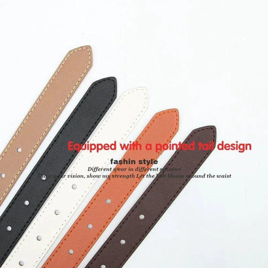 Mandotos women's thin PU leather belt with pin buckle, styled with cargo pants and jeans, soft and windproof for a fashionable look.
