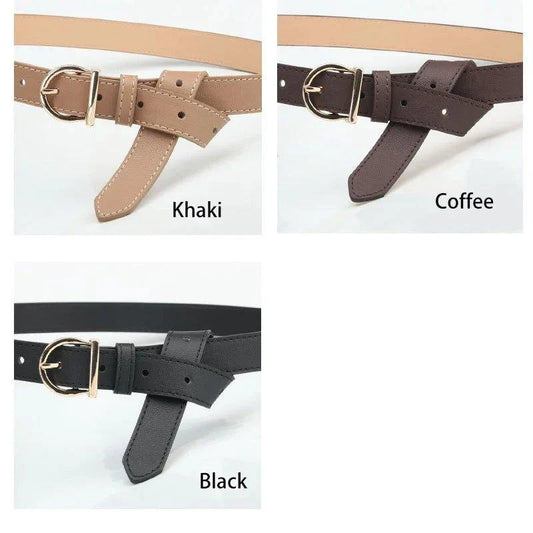 Mandotos women's thin fashion belt with pin buckle, genuine leather, soft texture, styled with cargo pants and jeans.