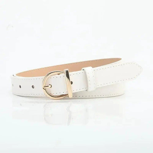 Mandotos women's fashion pin buckle thin belt in genuine PU leather, shown with cargo pants and jeans, windproof and luxury soft design.
