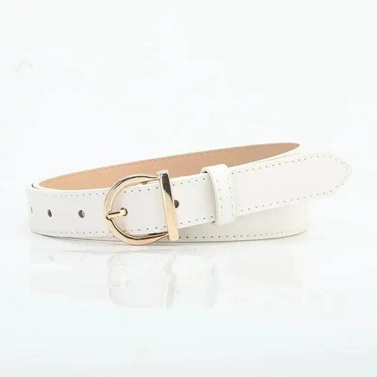 Mandotos women's fashion pin buckle thin belt in genuine PU leather, shown with cargo pants and jeans, windproof and luxury soft design.