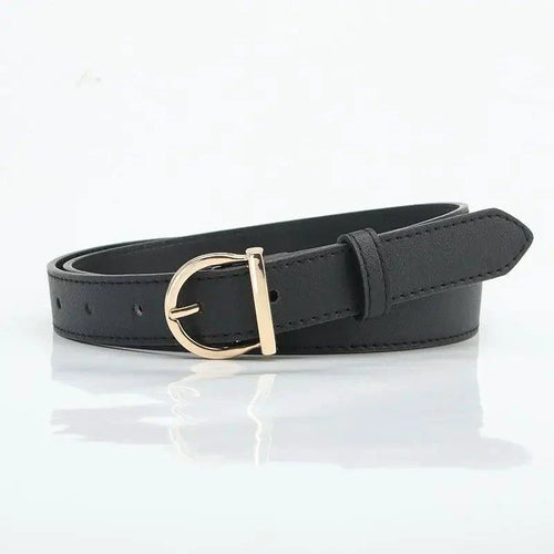 Mandotos women's fashion pin buckle thin belt in PU leather, styled with cargo pants and jeans, soft, windproof, luxury accessory.