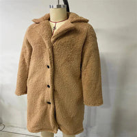 Women's lamb wool coat by MANDOTOS, featuring a cozy, stylish design with a tailored fit and classic collar in neutral tones.