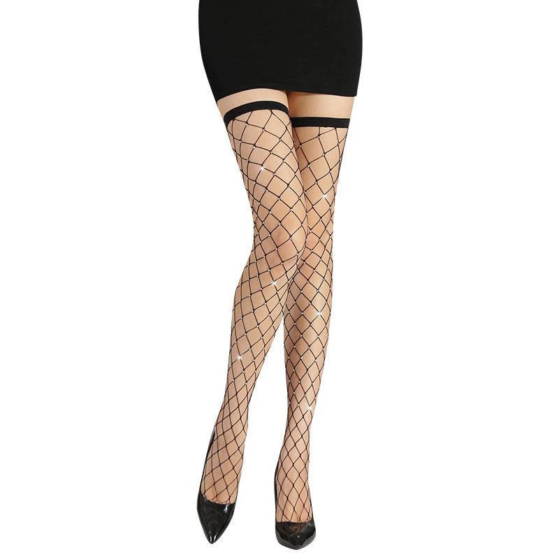 Women's black knee-high lace stockings with hot drill design by MANDOTOS, featuring intricate lace details and a snug fit.