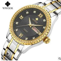 Mandotos WWOOR Elegance gold diamond quartz watch with a sleek design and sparkling diamond accents on the dial.