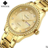 Mandotos WWOOR Elegance gold diamond quartz watch with a sleek design and sparkling accents, suitable for formal and stylish occasions.