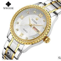 Mandotos WWOOR Elegance gold diamond quartz watch showing a round face with gold-tone finish and sparkling diamond accents.