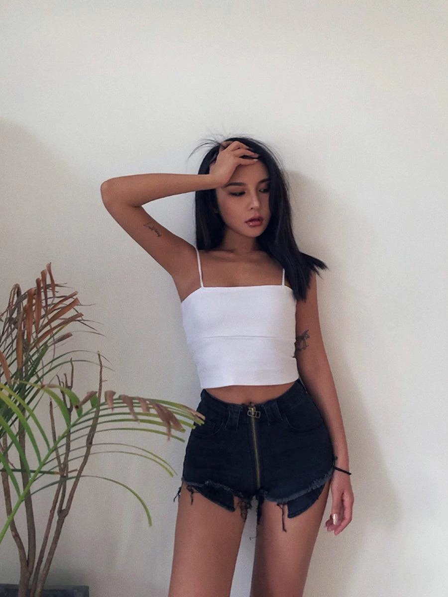 Xuan Ya High-Waisted Denim Shorts with Hip Zipper for Effortless Style - MANDOTOS