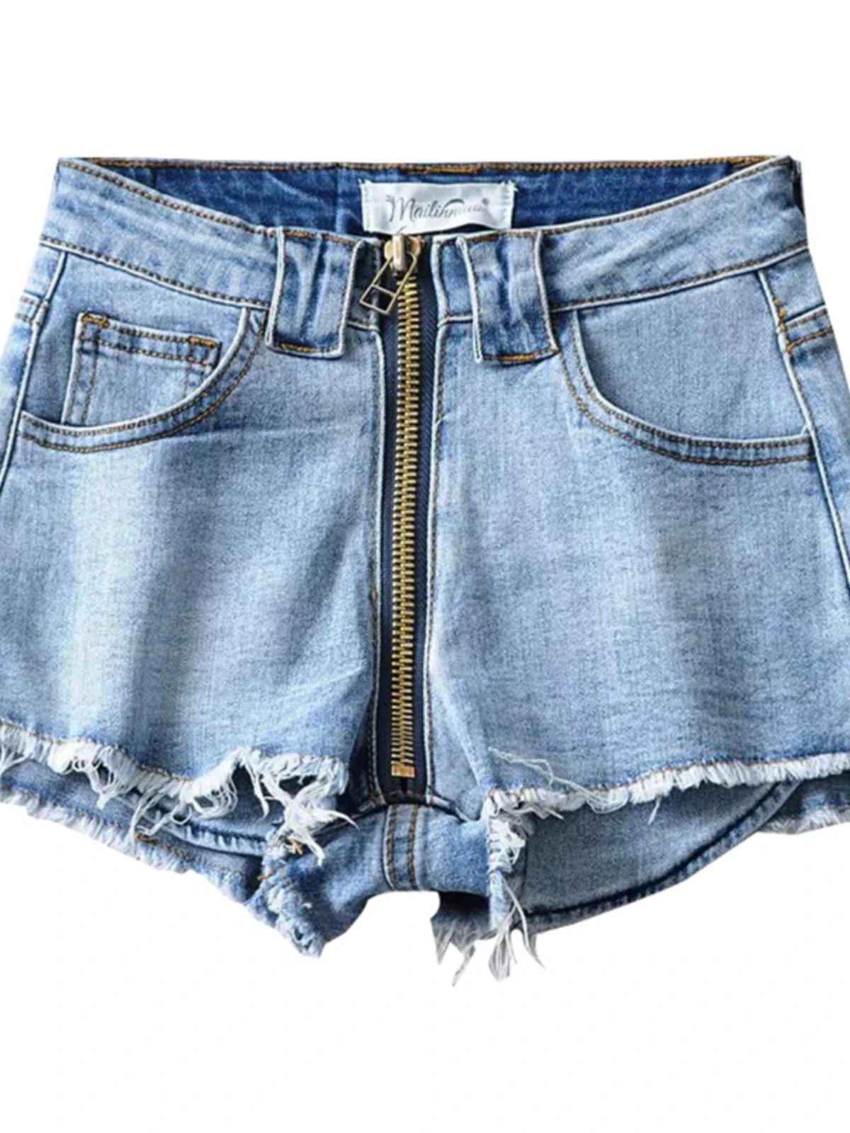 Xuan Ya High-Waisted Denim Shorts with Hip Zipper for Effortless Style - MANDOTOS