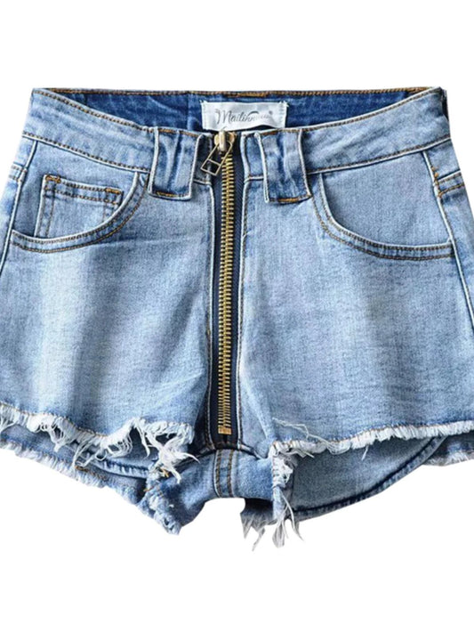 Xuan Ya High-Waisted Denim Shorts with Hip Zipper for Effortless Style - MANDOTOS