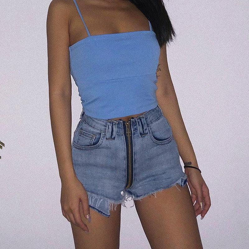 Xuan Ya High-Waisted Denim Shorts with Hip Zipper for Effortless Style - MANDOTOS