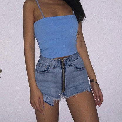 Xuan Ya High-Waisted Denim Shorts with Hip Zipper for Effortless Style - MANDOTOS