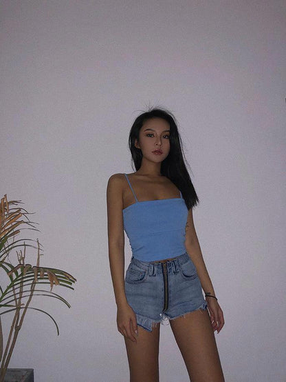 Xuan Ya High-Waisted Denim Shorts with Hip Zipper for Effortless Style - MANDOTOS