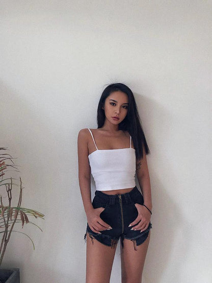 Xuan Ya High-Waisted Denim Shorts with Hip Zipper for Effortless Style - MANDOTOS