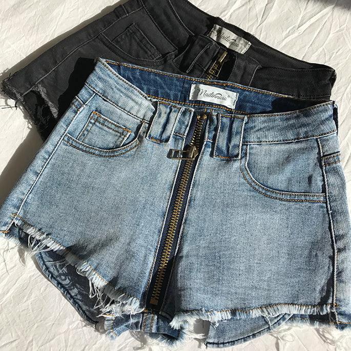 Xuan Ya High-Waisted Denim Shorts with Hip Zipper for Effortless Style - MANDOTOS