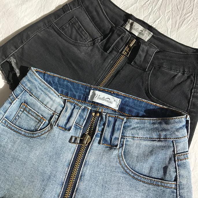 Xuan Ya High-Waisted Denim Shorts with Hip Zipper for Effortless Style - MANDOTOS