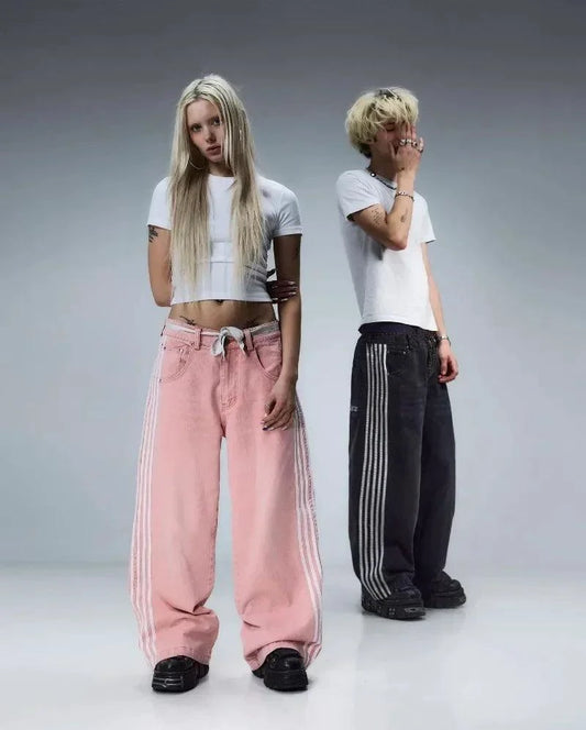 Y2K Baggy Jeans Harajuku vintage Striped Embroidered high quality Sweatpants men women Hip Hop Casual wide leg jeans streetwear - MANDOTOS