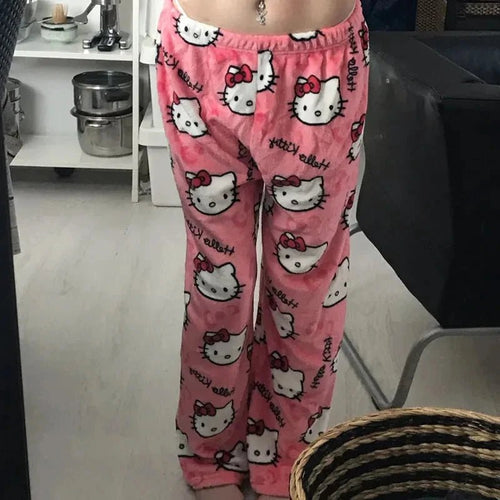 Mandotos Y2K Hello Kitty pajama pants featuring Sanrio anime cartoon design, comfortable women's sleepwear trousers for home.