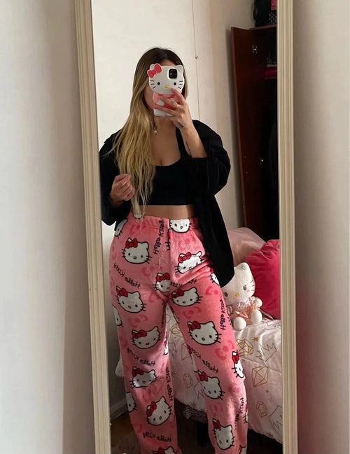 Mandotos Y2K Hello Kitty pajama pants for women featuring cartoon Hello Kitty design, comfortable sleepwear and leisure trousers.
