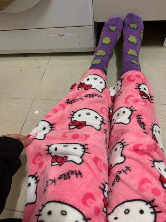 Mandotos Y2K Hello Kitty pajama pants for women featuring cartoon Hello Kitty design, comfortable sleepwear and leisure trousers.