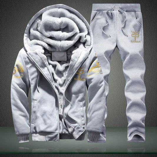 Men's autumn and winter sports set hooded casual cardigan jacket outdoor thickened warm sports shirt+pants two-piece set -