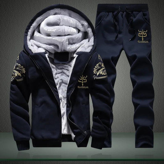 Men's autumn and winter sports set hooded casual cardigan jacket outdoor thickened warm sports shirt+pants two-piece set -