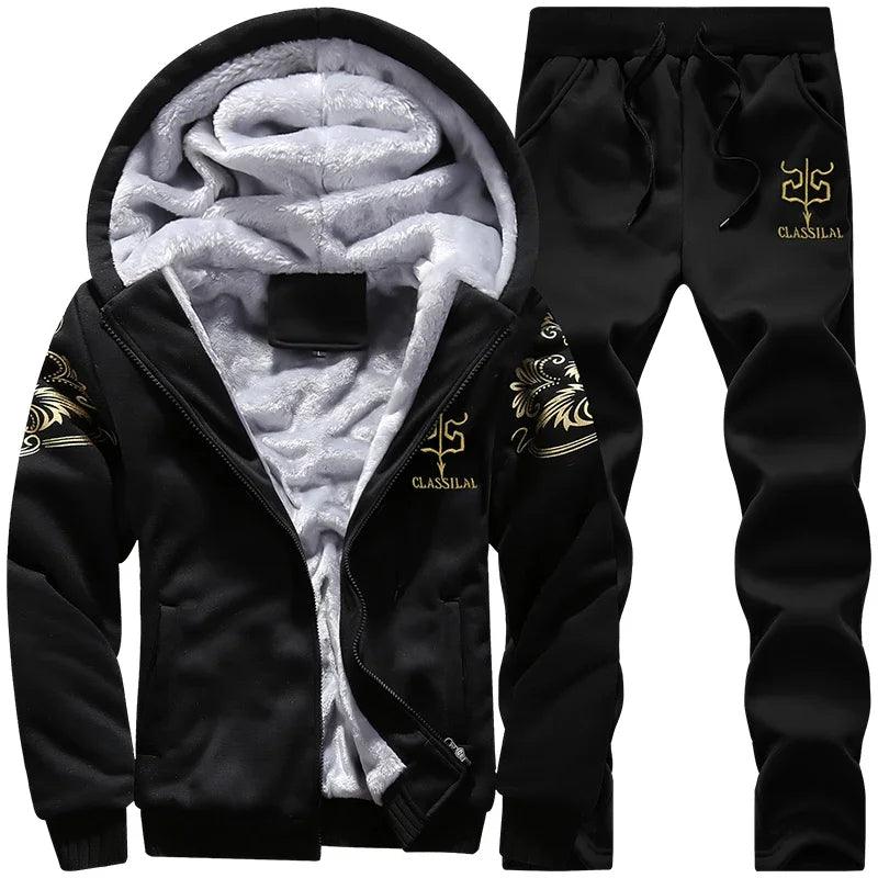 Men's autumn and winter sports set hooded casual cardigan jacket outdoor thickened warm sports shirt+pants two-piece set -