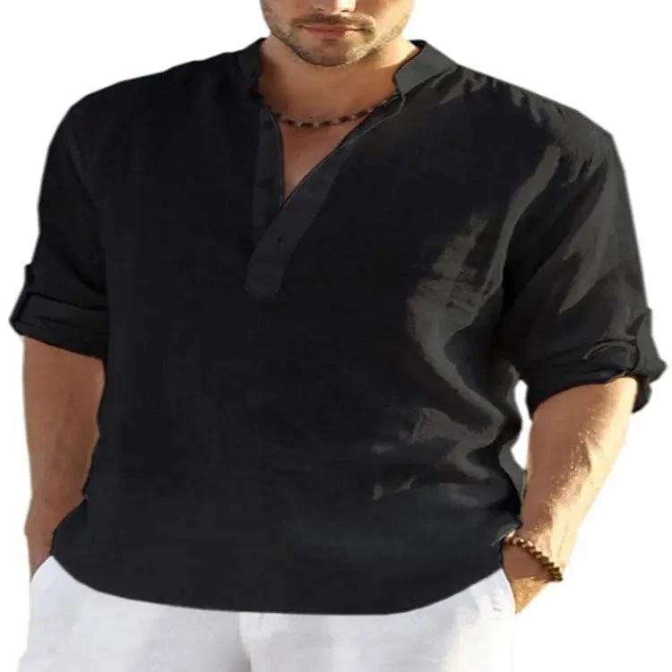 Men's Casual Cotton Linen Solid Color Long Sleeve Shirt Loose Stand Collar - MANDOTOS