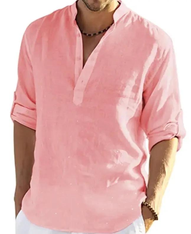 Men's Casual Cotton Linen Solid Color Long Sleeve Shirt Loose Stand Collar - MANDOTOS