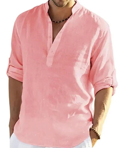 Men's Casual Cotton Linen Solid Color Long Sleeve Shirt Loose Stand Collar - MANDOTOS