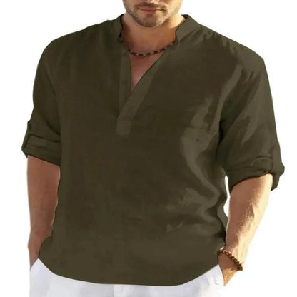 Men's Casual Cotton Linen Solid Color Long Sleeve Shirt Loose Stand Collar - MANDOTOS