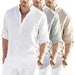 Men's Casual Cotton Linen Solid Color Long Sleeve Shirt Loose Stand Collar - MANDOTOS